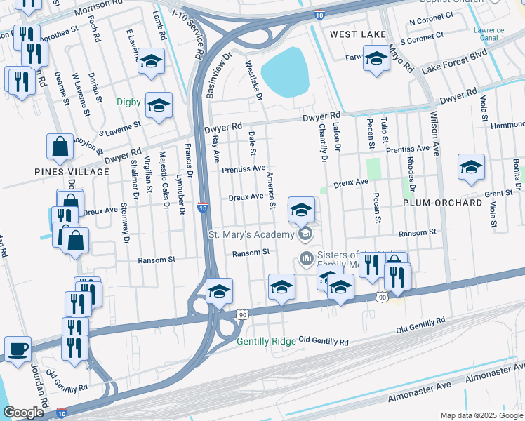 map of restaurants, bars, coffee shops, grocery stores, and more near 4534 Dale Street in New Orleans