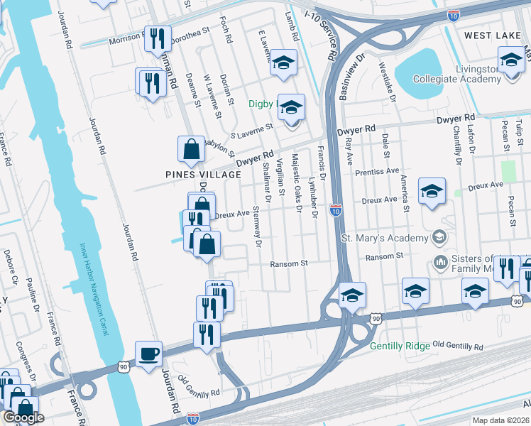 map of restaurants, bars, coffee shops, grocery stores, and more near 6118 Dreux Avenue in New Orleans
