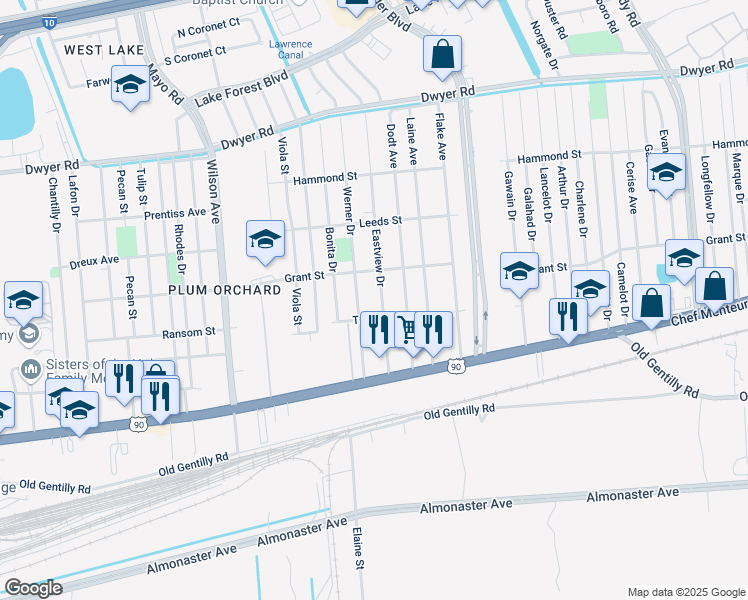 map of restaurants, bars, coffee shops, grocery stores, and more near 4528 Eastview Drive in New Orleans