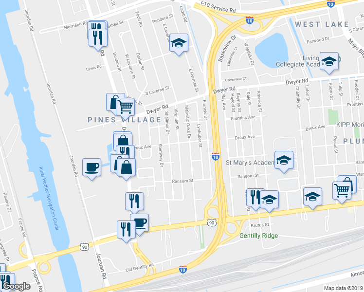 map of restaurants, bars, coffee shops, grocery stores, and more near 4749 Virgilian Street in New Orleans