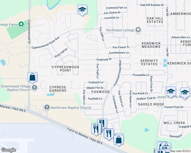 map of restaurants, bars, coffee shops, grocery stores, and more near 6948 Foxwaithe Ln in Humble