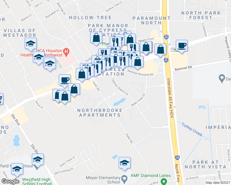 map of restaurants, bars, coffee shops, grocery stores, and more near 755 Butterfield Road in Houston