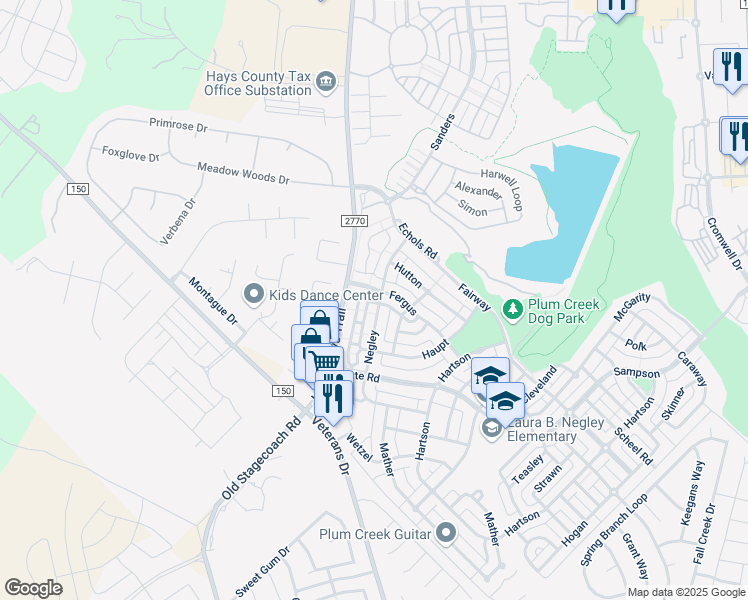 map of restaurants, bars, coffee shops, grocery stores, and more near 5716A Michaelis Road in Kyle