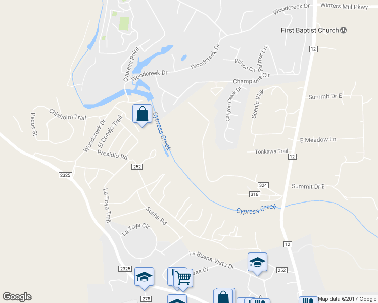 map of restaurants, bars, coffee shops, grocery stores, and more near 595 Hillsedge Road in Wimberley