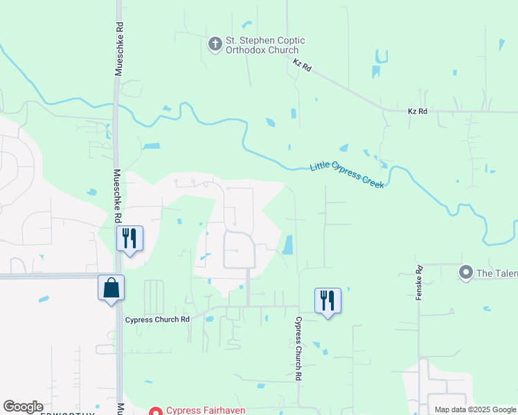 map of restaurants, bars, coffee shops, grocery stores, and more near 16602 Winding Ivy Lane in Cypress