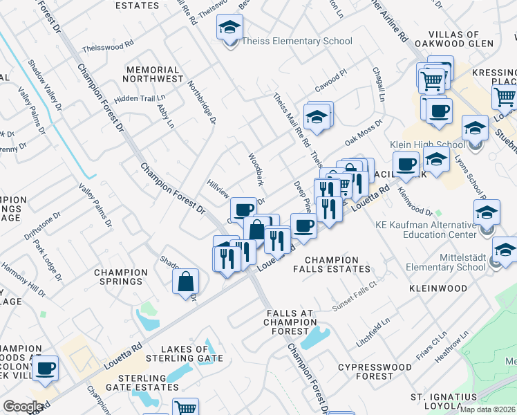 map of restaurants, bars, coffee shops, grocery stores, and more near 8107 Oak Moss Drive in Spring