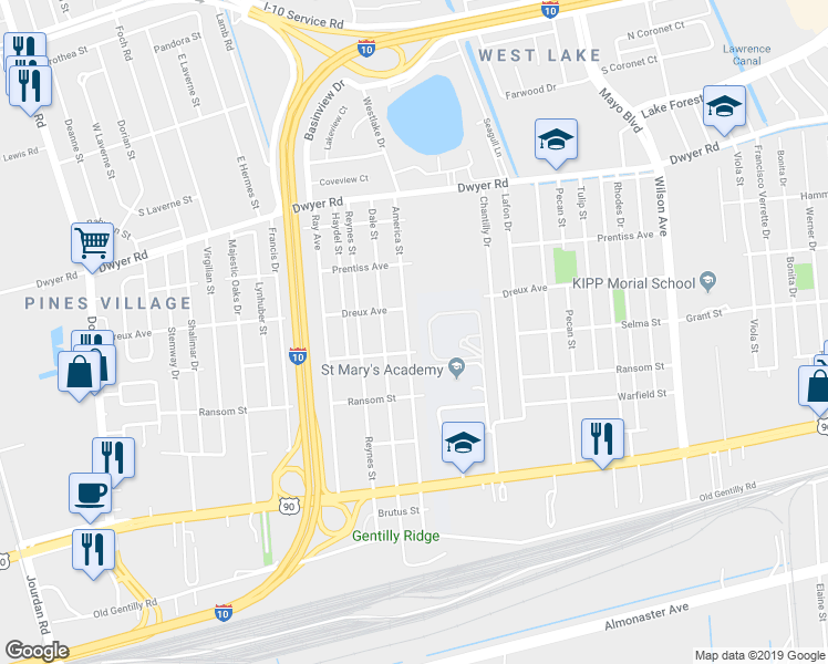 map of restaurants, bars, coffee shops, grocery stores, and more near 4529 America Street in New Orleans