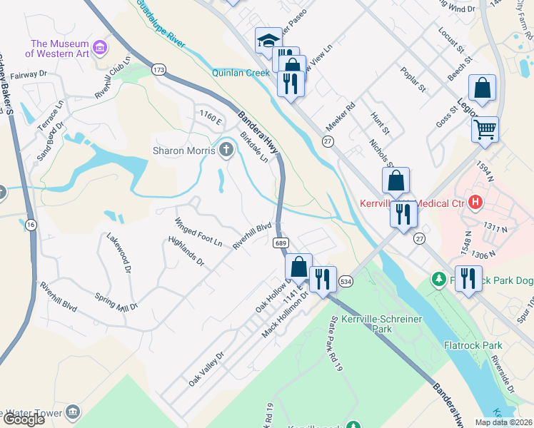 map of restaurants, bars, coffee shops, grocery stores, and more near 2621 Calle Del Roble in Kerrville
