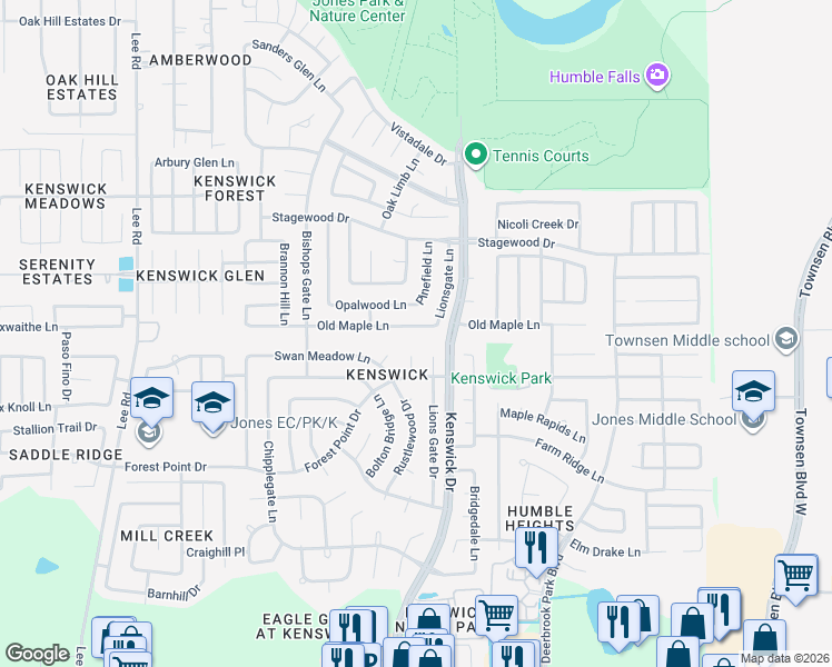 map of restaurants, bars, coffee shops, grocery stores, and more near 8506 Old Maple Lane in Humble