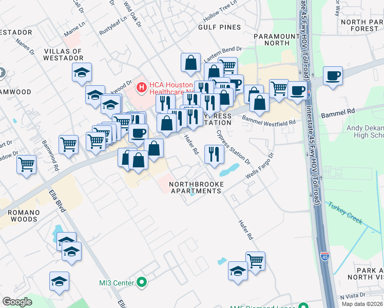 map of restaurants, bars, coffee shops, grocery stores, and more near 17225 Hafer Road in Houston