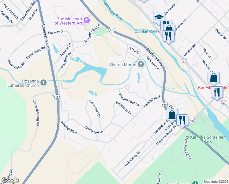 map of restaurants, bars, coffee shops, grocery stores, and more near 2225 Rock Creek Dr in Kerrville