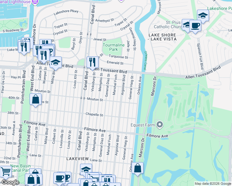 map of restaurants, bars, coffee shops, grocery stores, and more near 6945 Marshal Foch in New Orleans