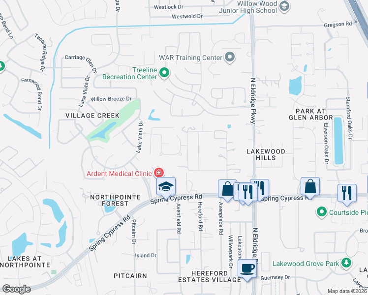 map of restaurants, bars, coffee shops, grocery stores, and more near 17310 Lyric Way Drive in Tomball