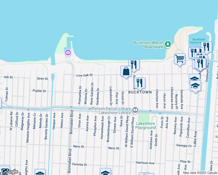 map of restaurants, bars, coffee shops, grocery stores, and more near 1410 Lakeshore Drive in Metairie