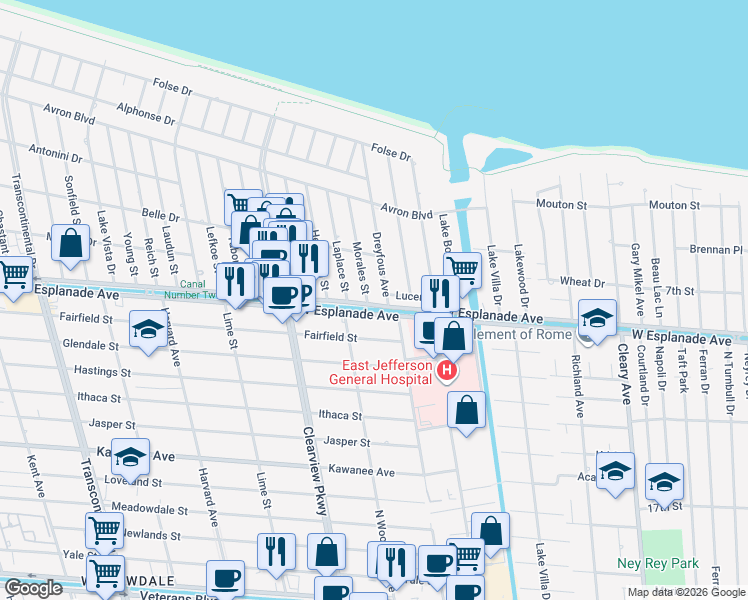map of restaurants, bars, coffee shops, grocery stores, and more near 4401 Morales Street in Metairie