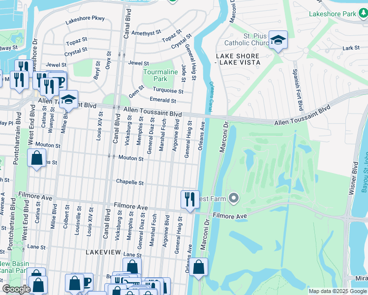 map of restaurants, bars, coffee shops, grocery stores, and more near 6966 General Haig Street in New Orleans