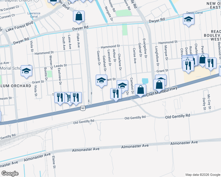 map of restaurants, bars, coffee shops, grocery stores, and more near 4510 Lancelot Drive in New Orleans
