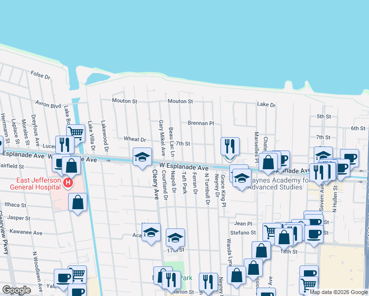 map of restaurants, bars, coffee shops, grocery stores, and more near 4521 Taft Park in Metairie