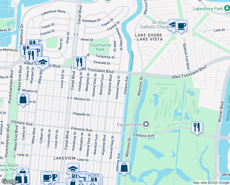 map of restaurants, bars, coffee shops, grocery stores, and more near 6966 General Haig Street in New Orleans