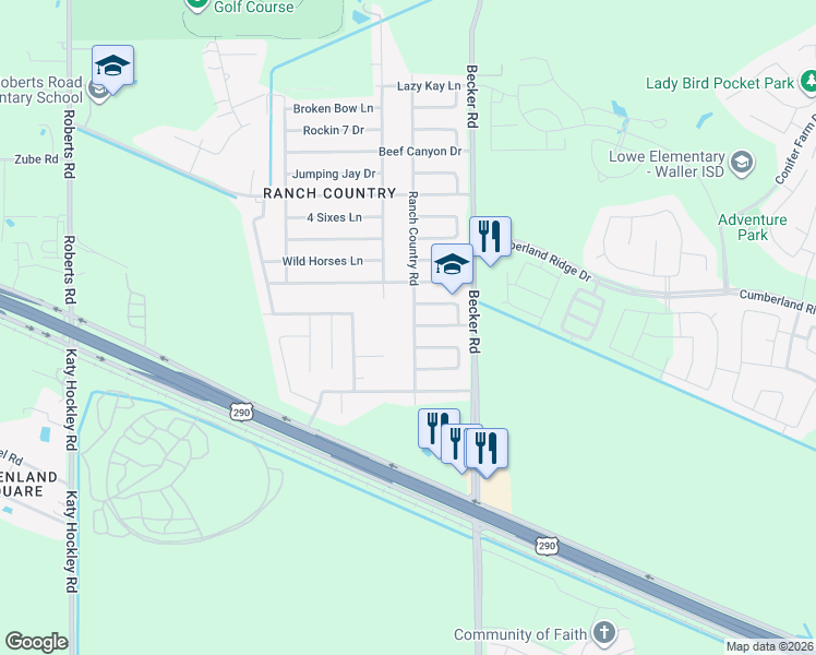 map of restaurants, bars, coffee shops, grocery stores, and more near 17151 Ranch Country Road in Hockley