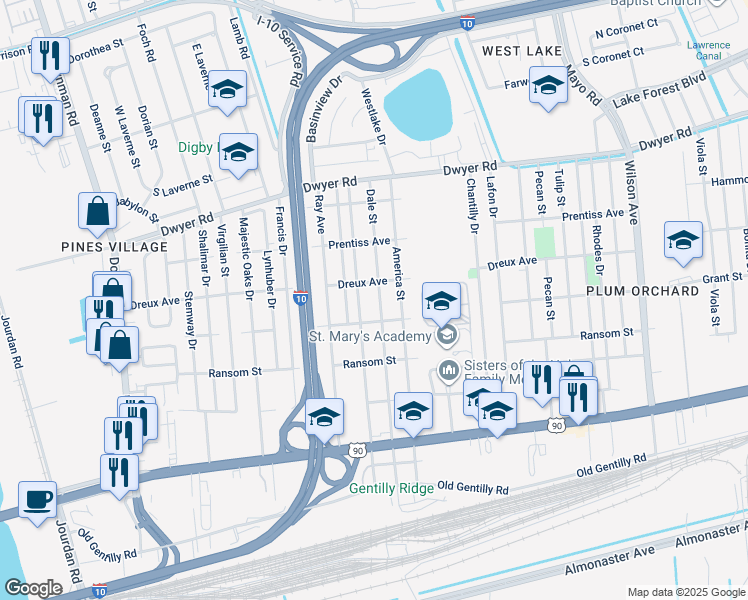 map of restaurants, bars, coffee shops, grocery stores, and more near 4534 Dale Street in New Orleans