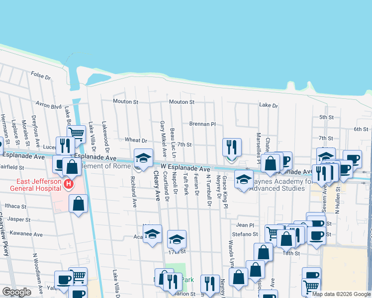 map of restaurants, bars, coffee shops, grocery stores, and more near 4521 Taft Park in Metairie