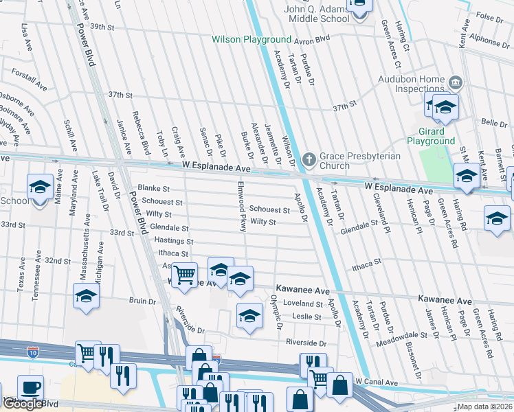 map of restaurants, bars, coffee shops, grocery stores, and more near 6413 Schouest Street in Metairie