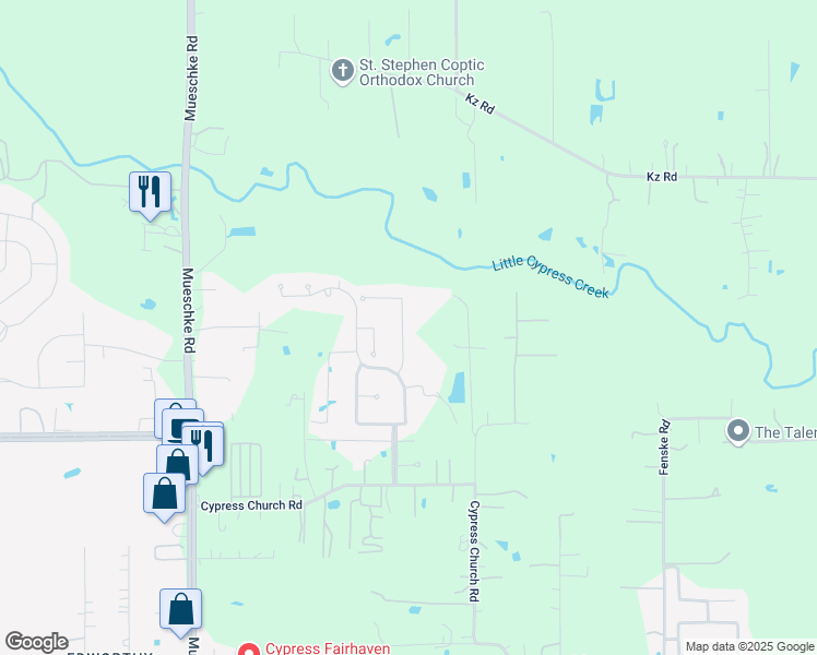 map of restaurants, bars, coffee shops, grocery stores, and more near 16602 Winding Ivy Lane in Cypress