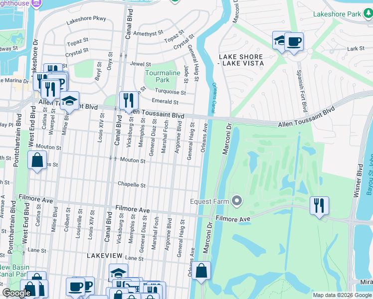 map of restaurants, bars, coffee shops, grocery stores, and more near 6966 General Haig Street in New Orleans