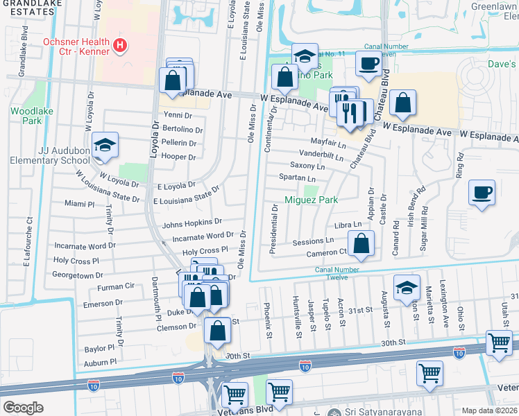 map of restaurants, bars, coffee shops, grocery stores, and more near 3285 Presidential Drive in Kenner