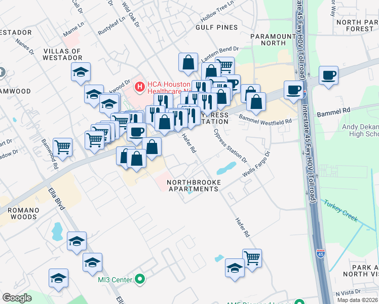 map of restaurants, bars, coffee shops, grocery stores, and more near 17225 Hafer Road in Houston