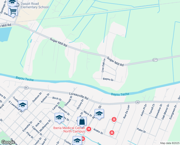 map of restaurants, bars, coffee shops, grocery stores, and more near 203 Oak Hill Road in New Iberia