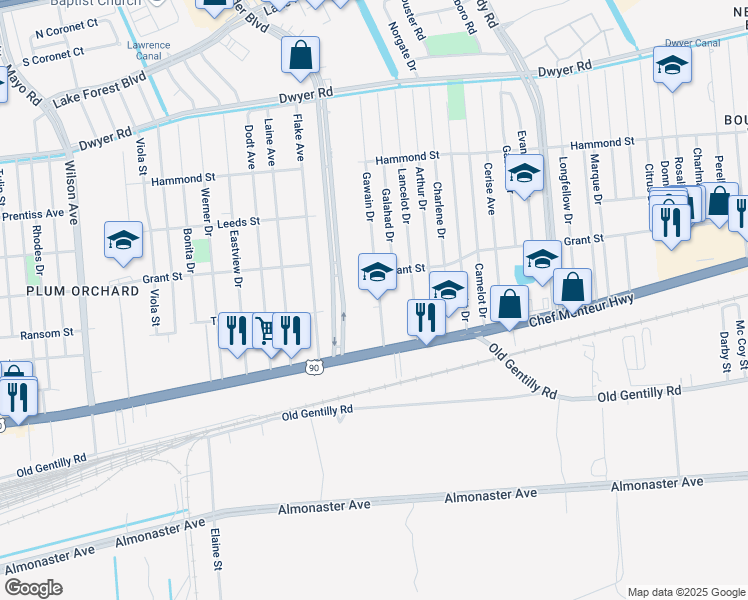 map of restaurants, bars, coffee shops, grocery stores, and more near 4500 Gawain Drive in New Orleans