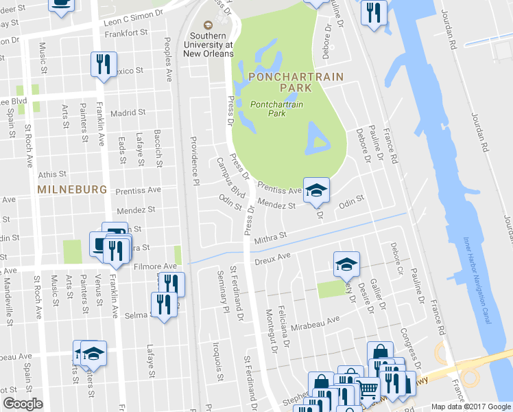 map of restaurants, bars, coffee shops, grocery stores, and more near 5551 Press Drive in New Orleans