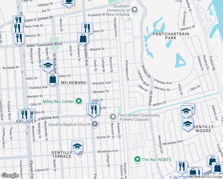 map of restaurants, bars, coffee shops, grocery stores, and more near 5607 Baccich Street in New Orleans