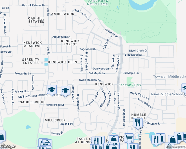 map of restaurants, bars, coffee shops, grocery stores, and more near 8314 Old Maple Lane in Humble