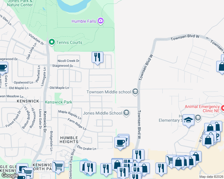 map of restaurants, bars, coffee shops, grocery stores, and more near 20402 Lookout Bend Drive in Humble