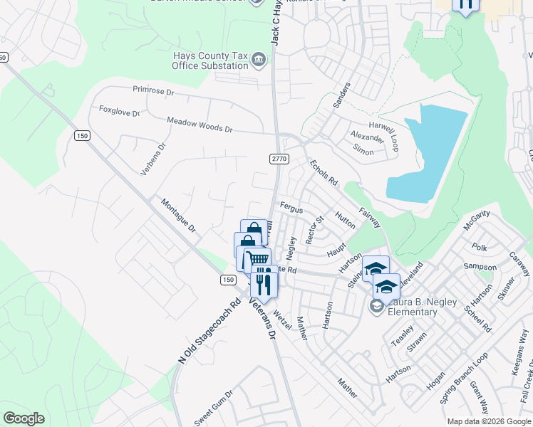 map of restaurants, bars, coffee shops, grocery stores, and more near 100 Marek Drive in Kyle