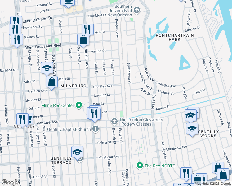 map of restaurants, bars, coffee shops, grocery stores, and more near 5607 Baccich Street in New Orleans