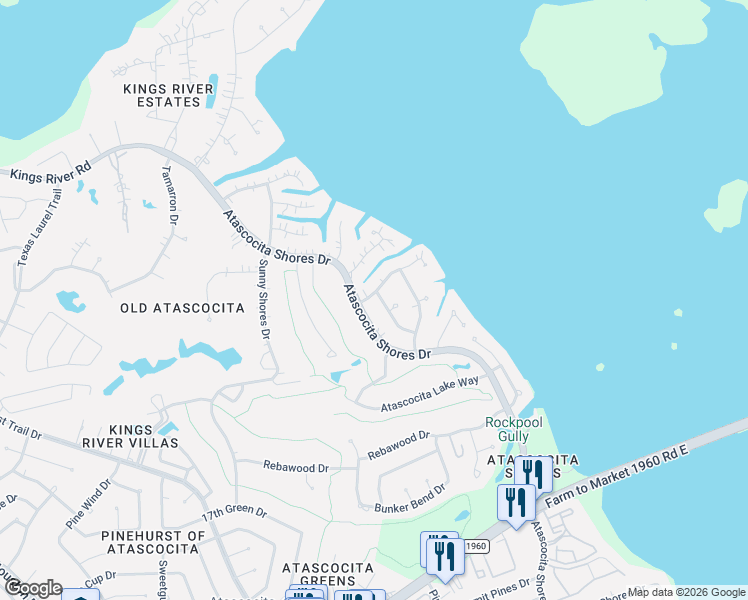 map of restaurants, bars, coffee shops, grocery stores, and more near 20342 Atascocita Shores Drive in Humble