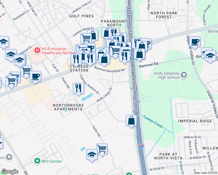 map of restaurants, bars, coffee shops, grocery stores, and more near 210 Wells Fargo Drive in Houston
