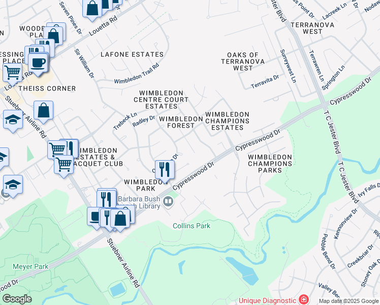 map of restaurants, bars, coffee shops, grocery stores, and more near 16111 Lafone Drive in Spring