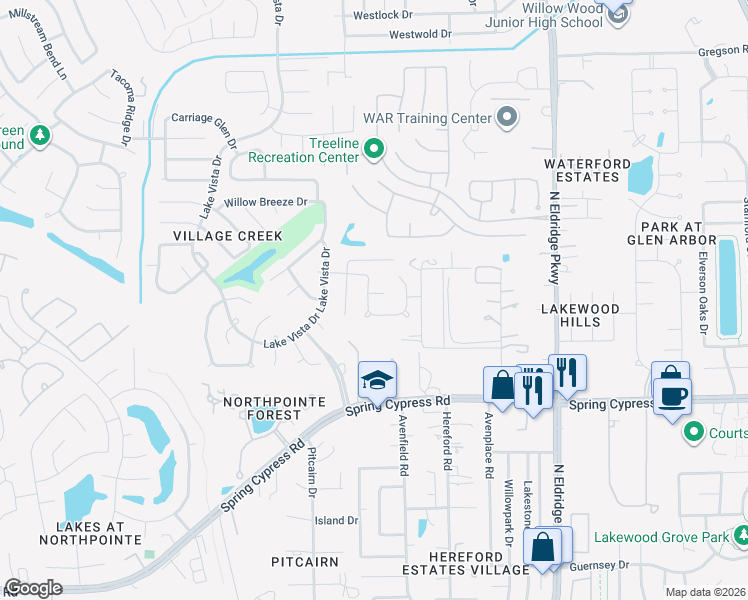 map of restaurants, bars, coffee shops, grocery stores, and more near 12415 Mossy Woods Drive in Tomball