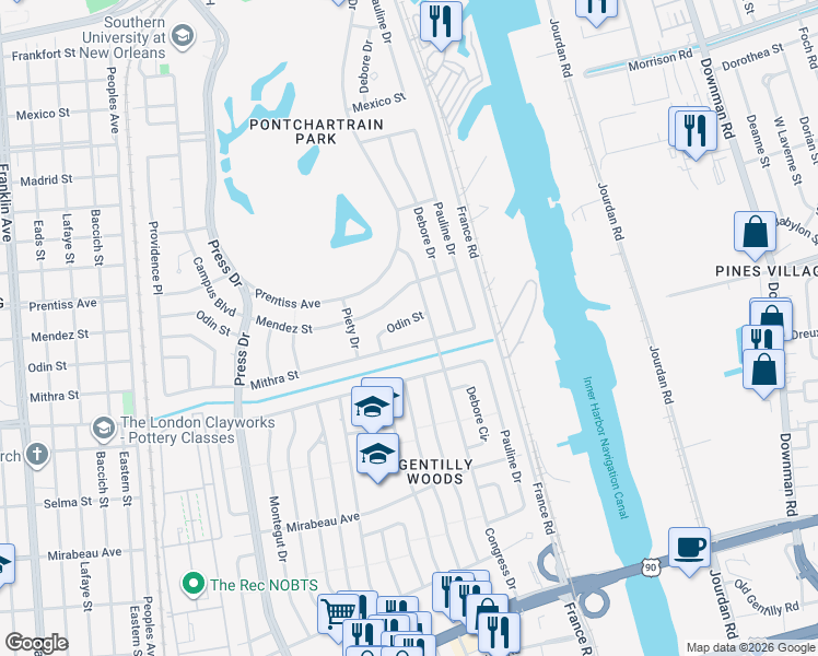 map of restaurants, bars, coffee shops, grocery stores, and more near 4808 Odin Street in New Orleans