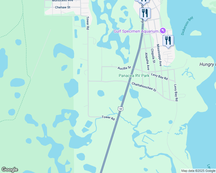 map of restaurants, bars, coffee shops, grocery stores, and more near 59 Chattahoochee Street in Panacea
