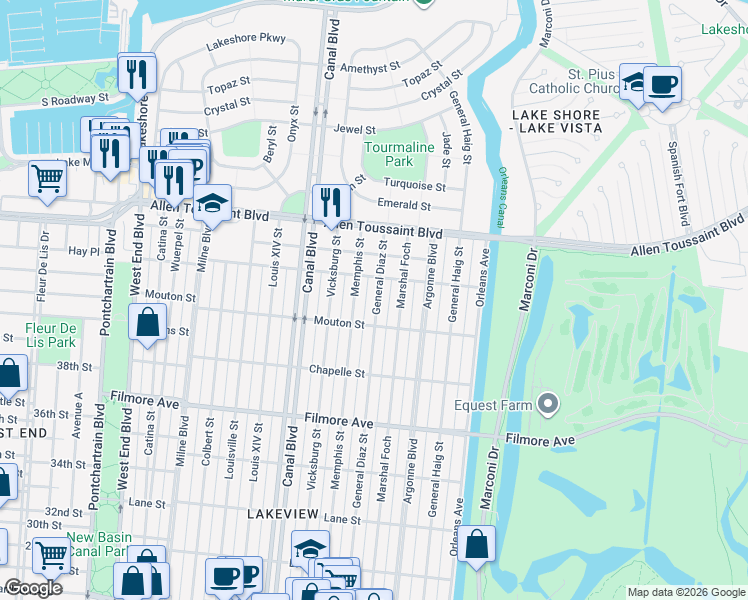 map of restaurants, bars, coffee shops, grocery stores, and more near 6948 General Diaz Street in New Orleans