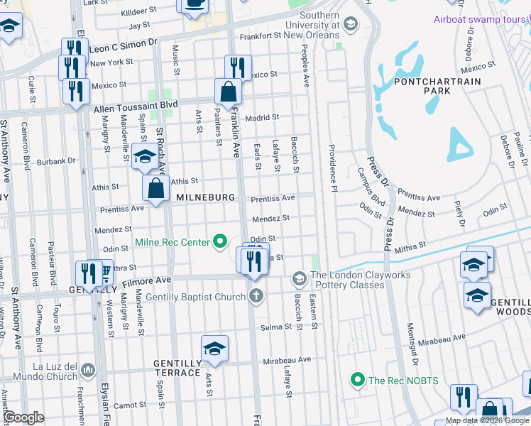 map of restaurants, bars, coffee shops, grocery stores, and more near 5607 Eads Street in New Orleans