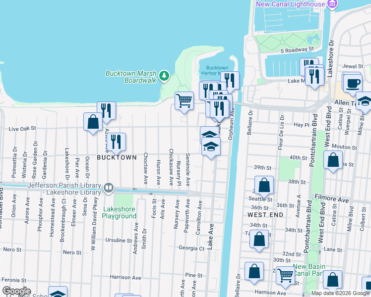 map of restaurants, bars, coffee shops, grocery stores, and more near 1408 Seminole Avenue in Metairie