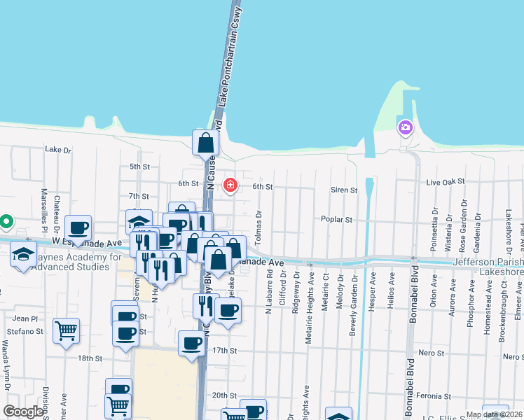 map of restaurants, bars, coffee shops, grocery stores, and more near 3805 Tolmas Drive in Metairie