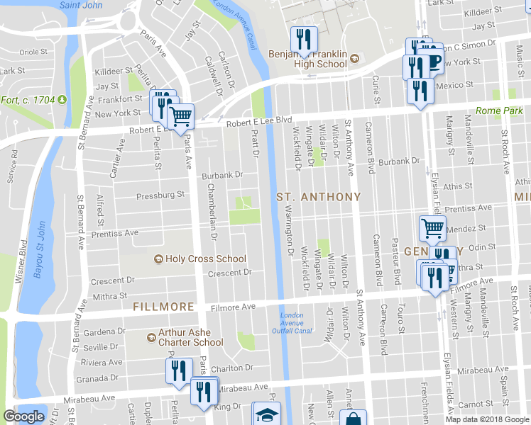 map of restaurants, bars, coffee shops, grocery stores, and more near 5711 Pratt Drive in New Orleans